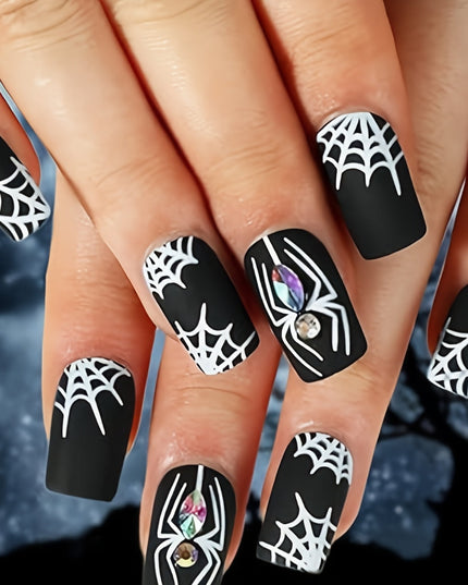 Halloween Fake Nails, 24pcs Spider Web Halloween Pattern Square Medium Acrylic Fake Nails, Comes with Wearing Tools