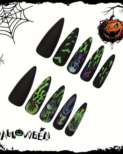 24pcs Halloween Press on Nails Long Stiletto Press on Nails Black Black Series Skull Bat Design Essential Fake Nails for Women And on Halloween Nail Art