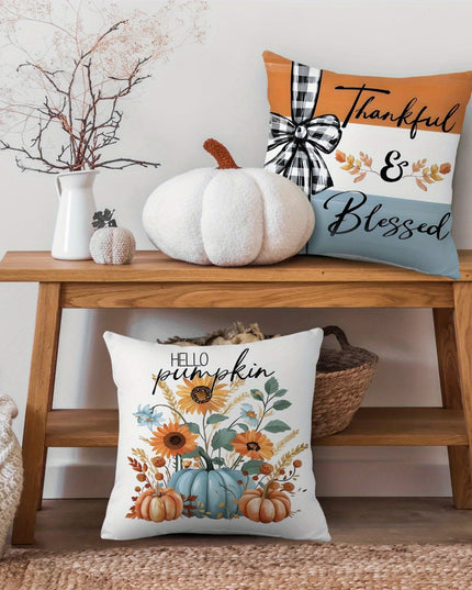4pcs Give Thanks Thankful & Blessed Throw Pillow Covers Plaid Pumpkin Wreath Leaves Fall Farmhouse Thanksgiving Day Decorative Cushion Case for Bedroom Sofa Couch