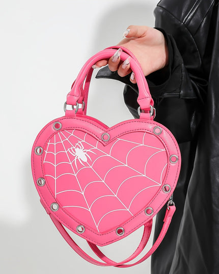 Gothic Crossbody Bag] Pink/Black Y2K Rock Punk Spider Web Print Heart-Shaped Crossbody Bag for Women | Adjustable Detachable Strap, Zipper Closure, Gothic Handbag, Halloween Accessory, Edgy Fashion, Stylish Detailing, Festiv