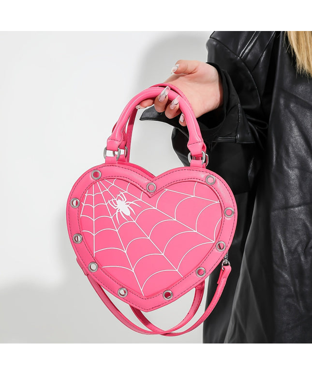 Gothic Crossbody Bag] Pink/Black Y2K Rock Punk Spider Web Print Heart-Shaped Crossbody Bag for Women | Adjustable Detachable Strap, Zipper Closure, Gothic Handbag, Halloween Accessory, Edgy Fashion, Stylish Detailing, Festiv