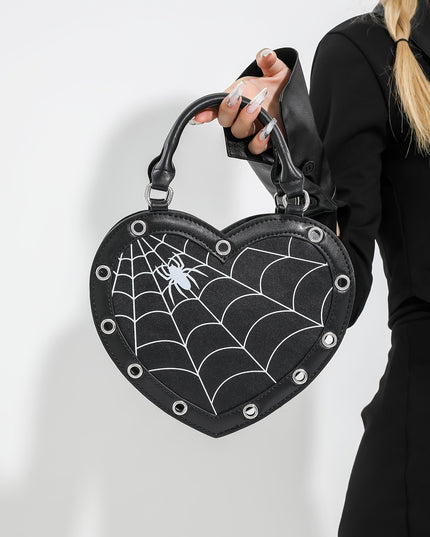 Gothic Crossbody Bag] Pink/Black Y2K Rock Punk Spider Web Print Heart-Shaped Crossbody Bag for Women | Adjustable Detachable Strap, Zipper Closure, Gothic Handbag, Halloween Accessory, Edgy Fashion, Stylish Detailing, Festiv