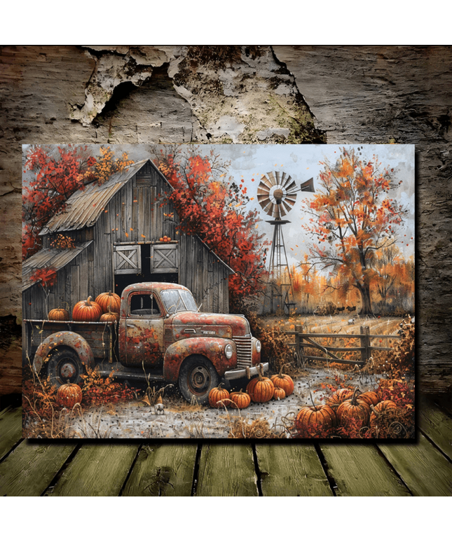 Autumn Harvest Canvas Art - Vintage Truck & Pumpkin Print, Rustic Farmhouse Decor for Home, Christmas, Beach Parties, Graduations, Anniversaries, Bachelorette Celebrations - 11.8"x15.7, Perfect for Room Decor