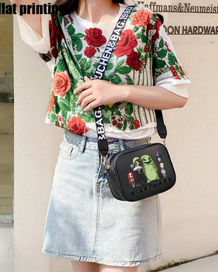 1pc Disney Crossbody Bag] Disney Nightmare Before Christmas 1pc Jack Skellington & Sally Quilted Crossbody Bag | Adjustable Detachable Strap, Lightweight, Multiple Compartments, Black (7.2"x5.5"x2.3") | Whimsical Design, Sec