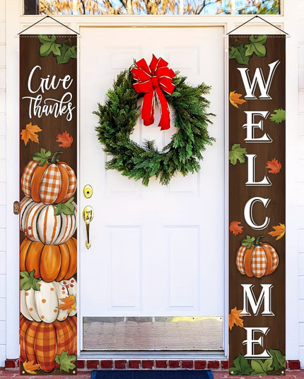 2pcs,  Thanksgiving Give Thanks porch banner logo 12 × 70.8 inch autumn pumpkin patch maple leaf front door decoration hanging welcome banner flag, autumn water buffalo grid farmhouse decoration home