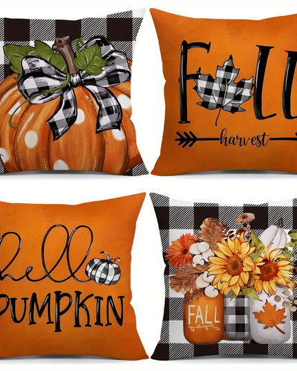 Hello Pumpkin White Polka Dot Sunflower Glass Jar Bow Autumn Pillowcase 4pcs Suitable for Living Room Chair Sofa Thanksgiving Decoration