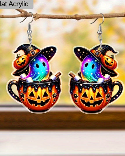2D Flat - 1 Pair Gothic Y2K Acrylic Earrings - Halloween Pumpkin Cup with Colorful Ghost Design, Stainless Steel Posts, Perfect for Daily Wear or Gift-Giving, Halloween Jewelr