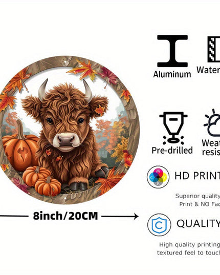 1pc 7.87x7.87 Inch Aluminum Alloy Highland Cattle Metal Sign - Farmhouse Fall Wall Decor with Pumpkins, Autumn Leaves & Rustic Wood Frame, Waterproof Round Door Hanging Art for Home, Porch, Garden (Pre-Drilled Holes), Porch D