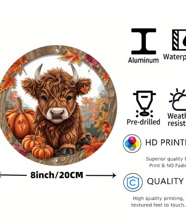 1pc 7.87x7.87 Inch Aluminum Alloy Highland Cattle Metal Sign - Farmhouse Fall Wall Decor with Pumpkins, Autumn Leaves & Rustic Wood Frame, Waterproof Round Door Hanging Art for Home, Porch, Garden (Pre-Drilled Holes), Porch D