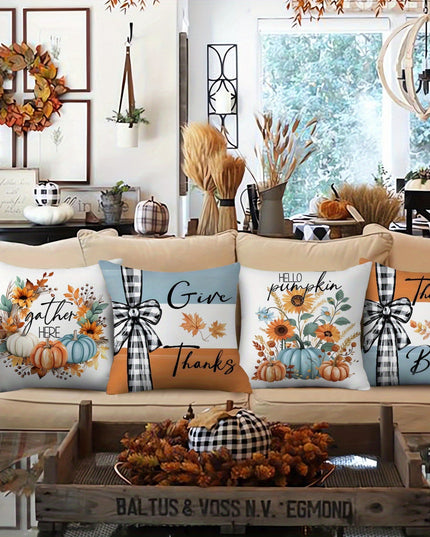 4pcs Give Thanks Thankful & Blessed Throw Pillow Covers Plaid Pumpkin Wreath Leaves Fall Farmhouse Thanksgiving Day Decorative Cushion Case for Bedroom Sofa Couch